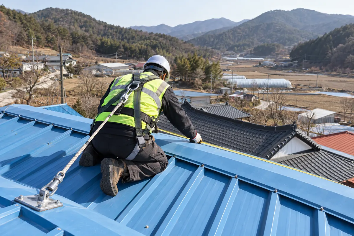 안전대를 건 작업자가 시골집 파란 강판 지붕 위에 무릎을 꿇고 줄자로 길이를 재는 모습