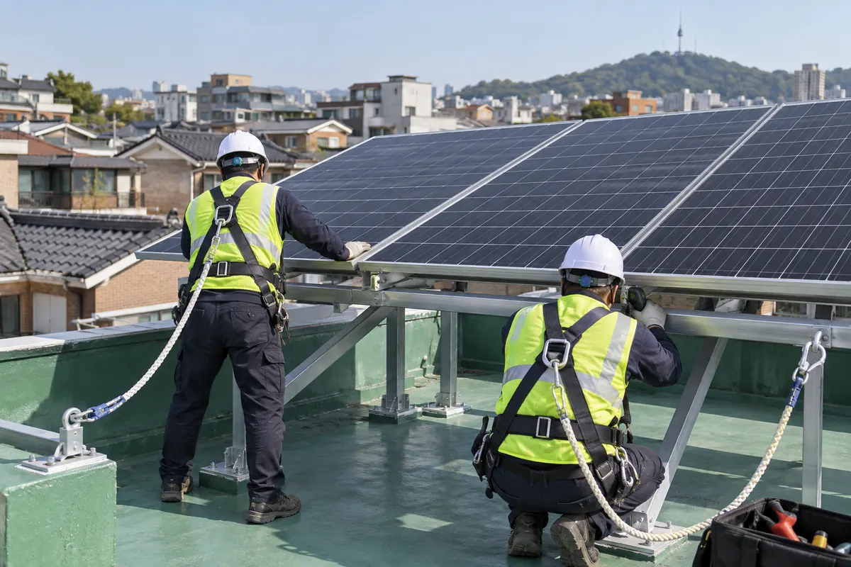 강원 농촌 단독주택 경사지붕에 태양광 모듈이 가지런히 설치된 모습